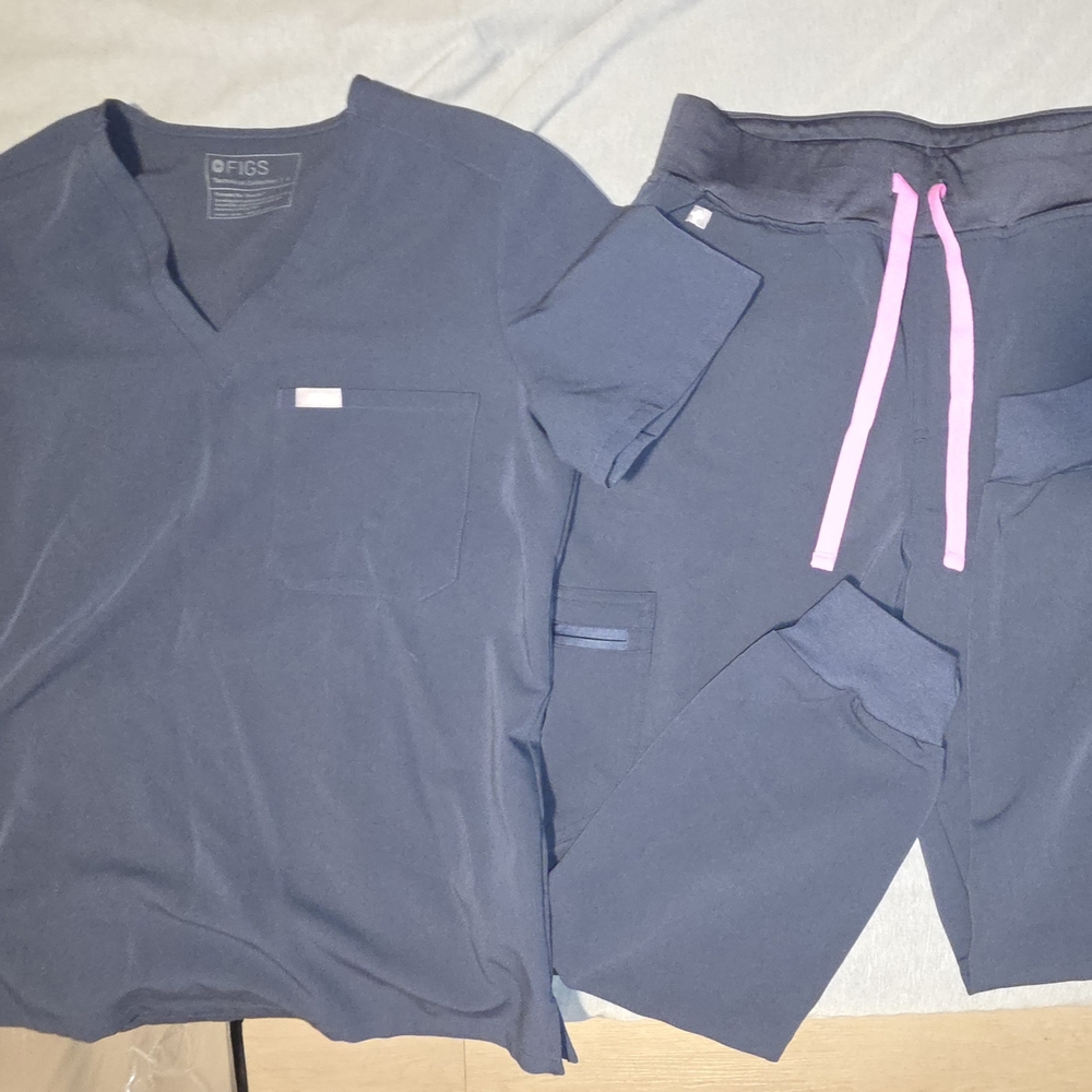 Figs Navy Scrub Set with Pink Drawstrings
